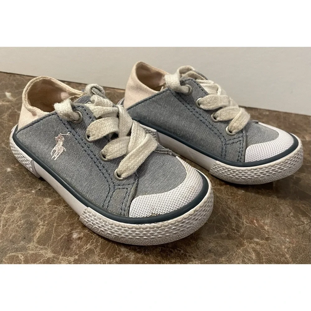 Polo Ralph Lauren Toddler Kid Baby Blue Denim Pink Sneakers Shoes Laces‎ Size 5